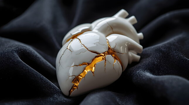 Kintsugi Style Broken Ceramic Human Heart with Glowing Gold