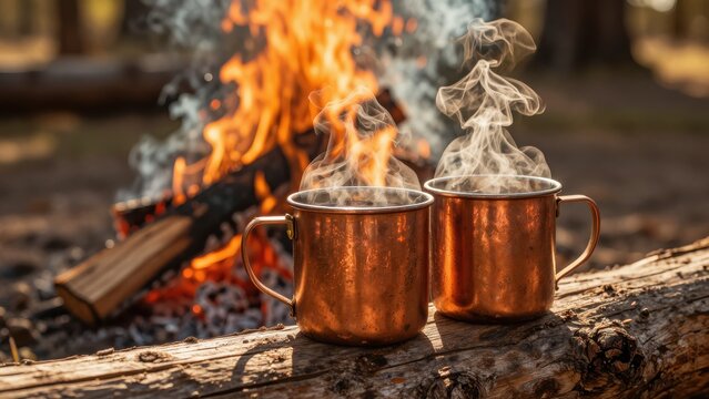 Two Copper Mugs of Hot Drink Steaming by a Campfire Outdoors
