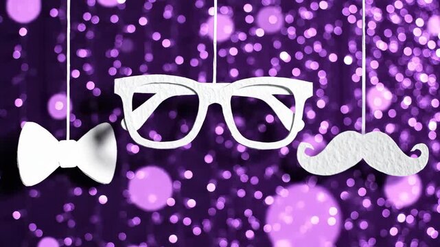 White paper bow tie glasses mustache on purple bokeh background