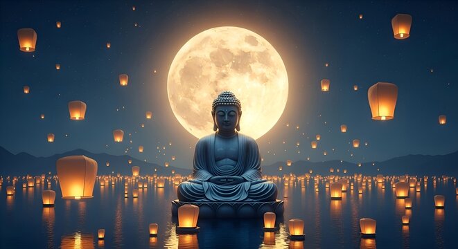 Vesak day, buddha purnima background with a serene buddha statue under a large, luminous full moon