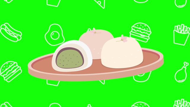 Wagashi, Japanese food animated cartoon vector with foodie icon background on green screen. Dessert idea, traditional, food symbol. Popup animation template design element