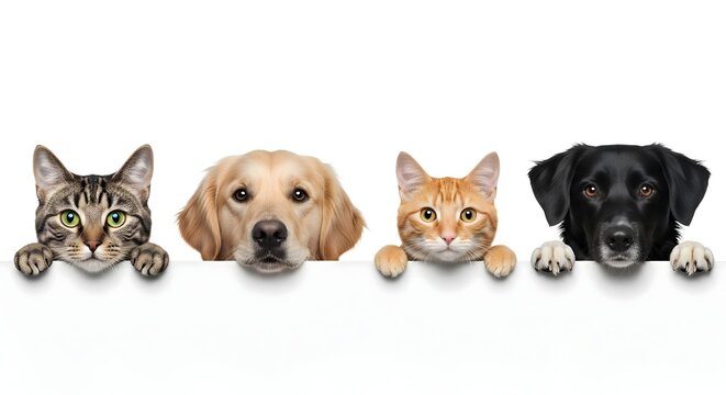 Adorable group of domestic pets &ndash; a tabby cat, golden retriever, orange tabby, and black labrador &ndash; peering over a white surface, showcasing their charming faces and playful curiosity.