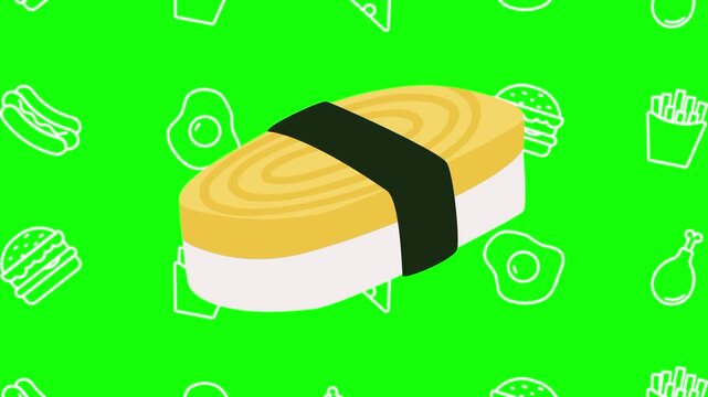 Egg sushi, Tamago animated cartoon vector with foodie icon background on green screen. Appetizer idea, cuisine, Japanese food symbol. Popup animation template design element
