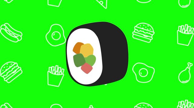 Sushi roll animated cartoon vector with foodie icon background on green screen. Japanese food idea, traditional, healthy meal symbol. Popup animation template design element