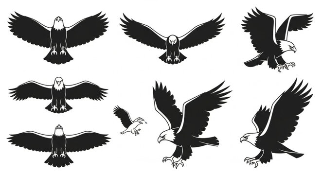 Set of stylized flying eagle silhouettes and poses.