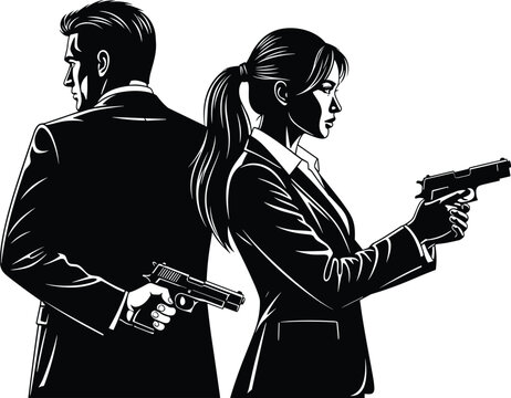 Vector illustration of a male and female secret agent duo standing back to back holding handguns in black and white comic book style