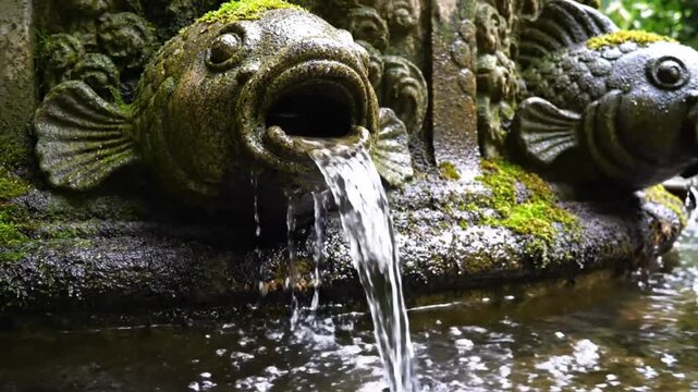 Tranquil outdoor water fountain with fish sculpture features surrounded by lush green foliage and brick pathway in a sunny garden park