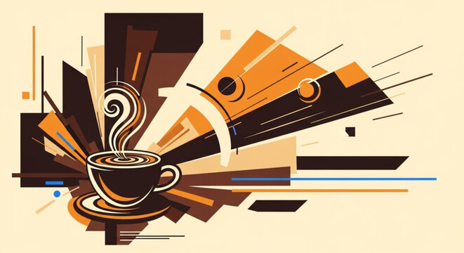 Modern geometric illustration of coffee cup with sharp angular shapes and dynamic composition.