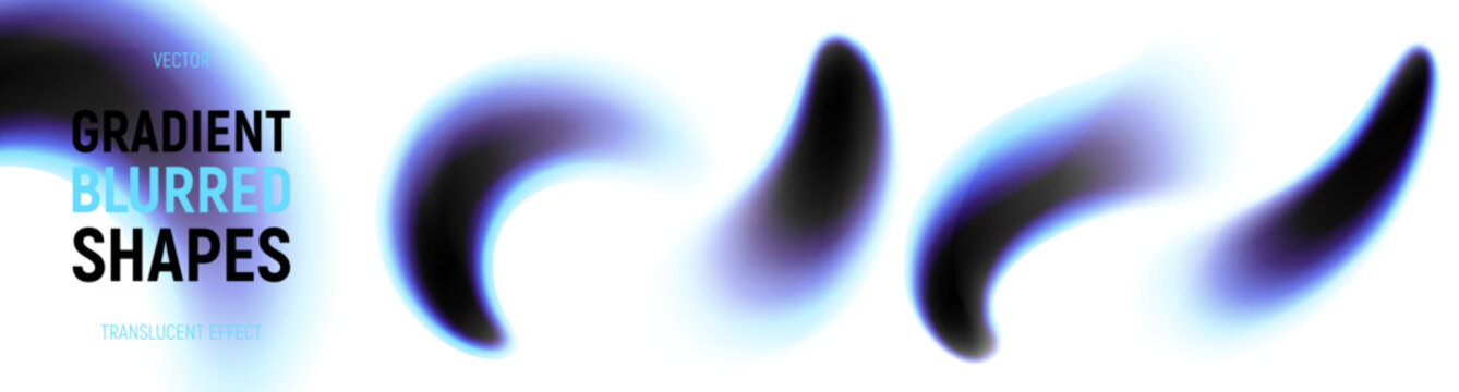 Set of dynamic gradient splashes. Vibrant vector shapes with blur edges and iridescent gradient. Neon gradients isolated on light background.