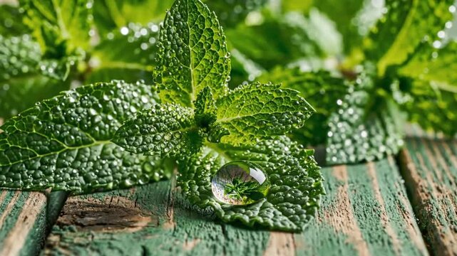 Close up of fresh mint leaves with water droplets and wooden surface, for natural beauty