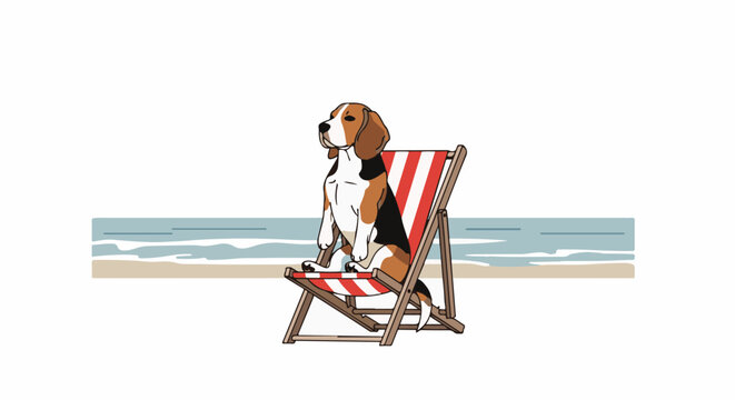 A beagle dog sits on a striped deck chair on a sandy beach, with the ocean in the background