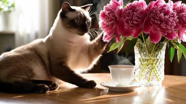 Siamese Cats Cozy Morning - Tea, Flowers, and Feline Charm.