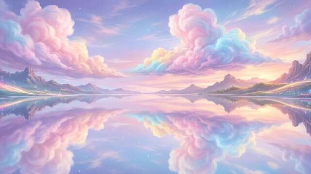 Clouds float above mountains as the sun sets, reflecting on the still water of the lake