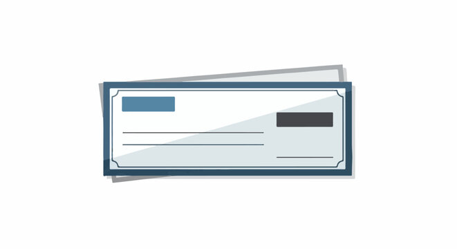Minimalist graphic of a bank check with blue and gray elements, isolated on white