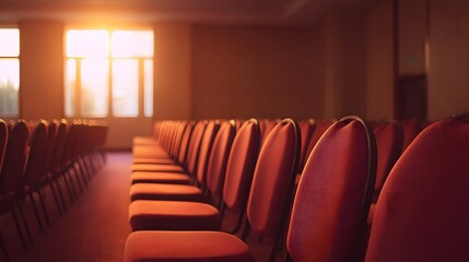 Fototapeta premium Warm sunlight streams through illuminating long rows of empty conference chairs in a modern indoor hall