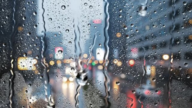 Raindrops cascading down a window with blurred cityscape lights creating an ambient urban atmosphere