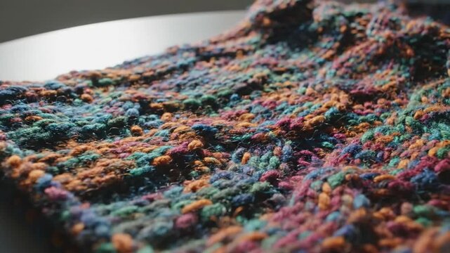 Closeup of a colorful knitted scarf in a textured stitch, displaying beautiful color variegation in natural light