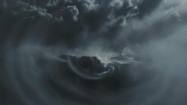 Swirling mist vortex in dark atmosphere, surreal style, set against stormy clouds, symbolizing chaos and mystery