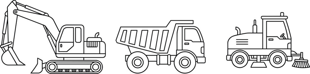 Heavy construction machinery line art set featuring excavator dump truck and street sweeper vehicle for coloring book and industry vector. © SHANJIDA