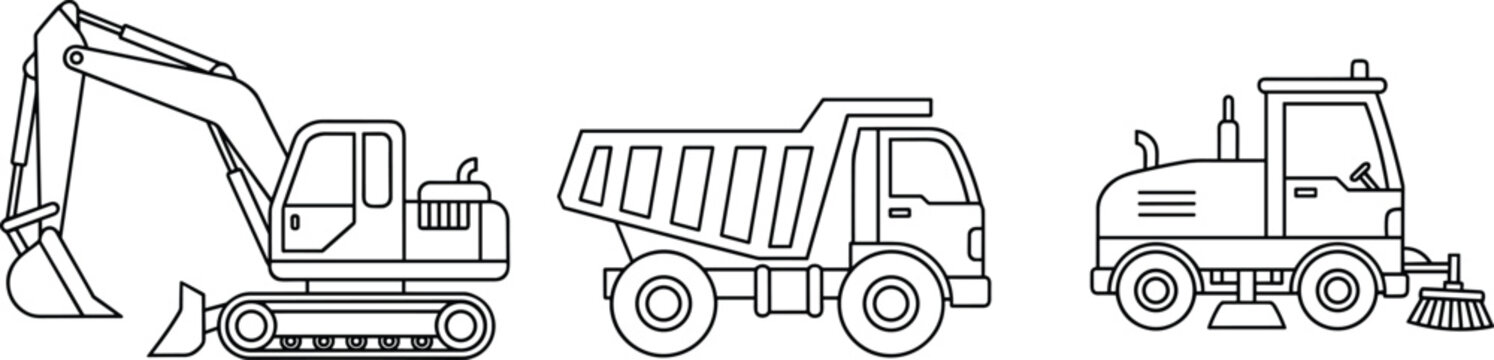 Heavy construction machinery line art set featuring excavator dump truck and street sweeper vehicle for coloring book and industry vector.