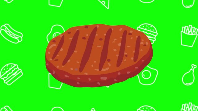 Beefsteak. Beef steak animated cartoon vector with foodie icon background on green screen. BBQ idea, meat, grilled food symbol. Popup animation template design element