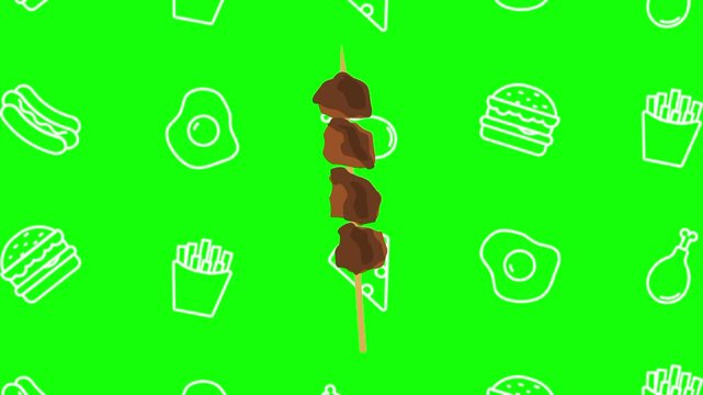 Beef meat skewer animated cartoon vector with foodie icon background on green screen. BBQ idea, sticky, grilled food symbol. Popup animation template design element