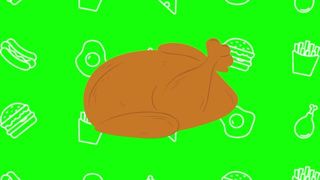 Whole grilled turkey, chicken animated cartoon vector with foodie icon background on green screen. Barbecue idea, meat, food symbol. Popup animation template design element