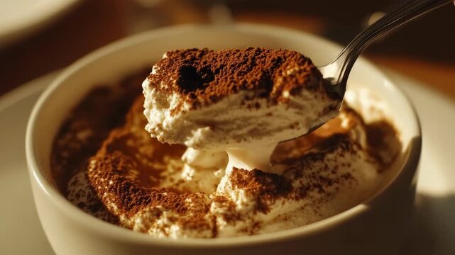 A spoon lifts creamy dessert with cocoa powder from a white bowl. This delicious treat offers a rich, indulgent experience.