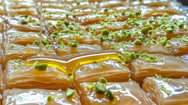 Golden honey drizzles over a tray of sweet baklava. This delicious dessert is garnished with vibrant green pistachios.