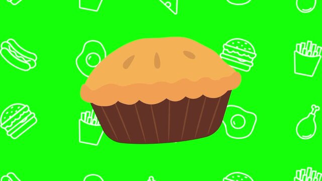 Cupcake, muffin brown chocolate cake animated cartoon vector with foodie icon background on green screen. Dessert idea, pastry, bakery symbol. Popup animation template design element