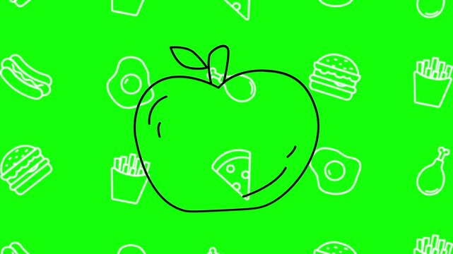 Apple drawing animated cartoon vector with foodie icon background on green screen. Hand drawn idea, fruit, healthy food symbol. Popup animation template design element