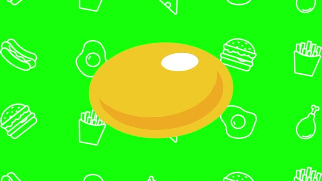 Raw yellow egg yolk animated cartoon vector with foodie icon background on green screen. Fresh food idea, organic, healthy meal symbol. Popup animation template design element