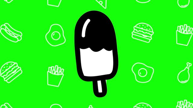 Popsicle ice cream drawing sketch animated cartoon vector with foodie icon background on green screen. Dessert idea, sticky, frozen food symbol. Popup animation template design element