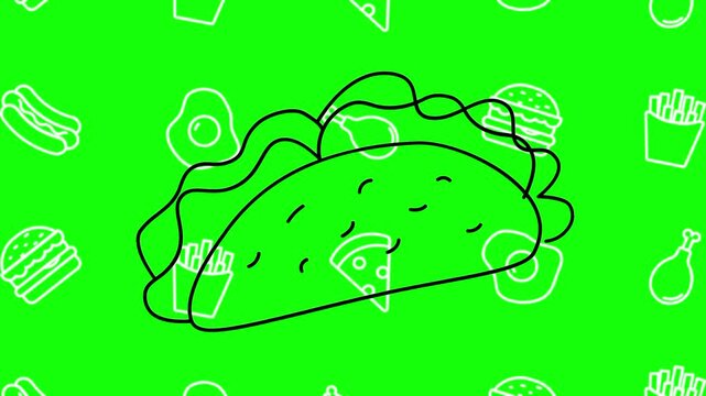 Taco, Mexican food drawing sketch animated cartoon vector with foodie icon background on green screen. Hand drawn idea, lunch, gourmet symbol. Popup animation template design element