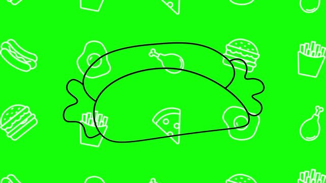Hot dog, hotdog drawing sketch animated cartoon vector with foodie icon background on green screen. Hand drawn idea, BBQ, street food symbol. Popup animation template design element