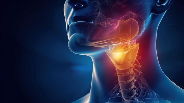 Hyperthyroidism medical illustration showing overactive thyroid gland, thyroid hormone disorder, symptoms like rapid heartbeat, weight loss, anxiety and fatigue, endocrine system disease, Graves' dise
