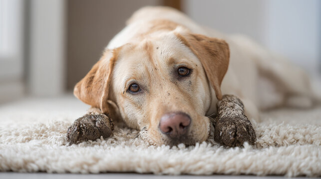 Close-up of Labrador Retriever with Muddy Paws Lying on Clean White Rug