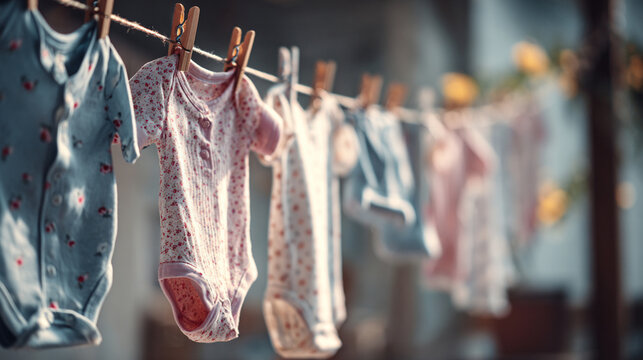 Close-up of baby clothes hanging on a drying rack with blurred background, representing daily household maintenance costs and domestic chores