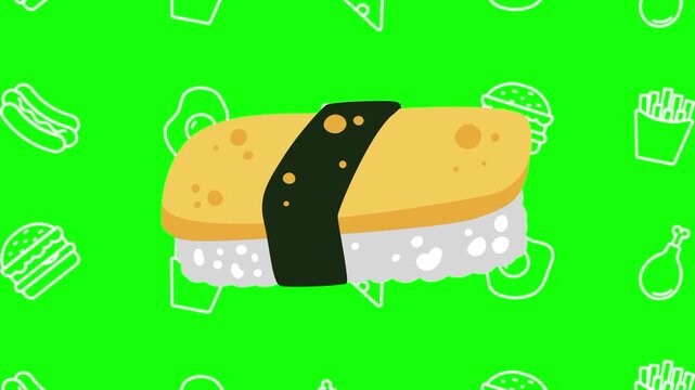 Egg sushi, Tamago animated cartoon vector with foodie icon background on green screen. Appetizer idea, cuisine, Japanese food symbol. Popup animation template design element