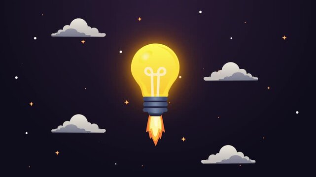 Creativity, innovation, and bright ideas Concept. Glowing cartoon light bulb flying like a rocket through a dark night sky stars background. 