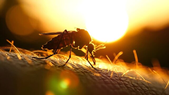 Macro silhouette of a mosquito perched on human skin against a glowing orange sun at sunset, featuring detailed insect anatomy, backlit wings, and skin texture in golden hour light.