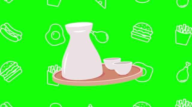 Sake, Japanese rice wine animated cartoon vector with foodie icon background on green screen. beverage idea, traditional, drink symbol. Popup animation template design element