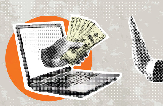 Trendy halftone collage of business concept. Stop Corruption, refusing to take bribery money concept, honest businessman hand refuse to take illegal money banknotes. Trendy modern retro illustration.