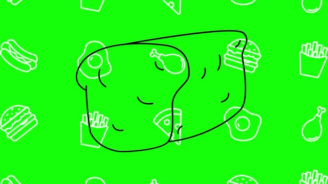Bread, sourdough, loaf drawing sketch animated cartoon vector with foodie icon background on green screen. Hand drawn idea, baking, bakery symbol. Popup animation template design element