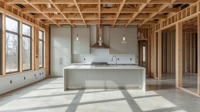 modern kitchen interior under construction with wooden framing