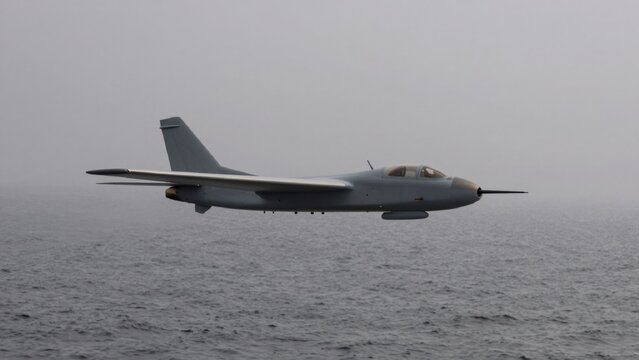 Taken low angle looking small unmanned aircraft flying vast expanse water center frame body facing towards rig