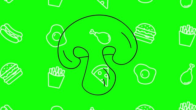 Raw mushroom, oyster drawing sketch animated cartoon vector with foodie icon background on green screen. Hand drawn idea, gourmet, healthy food symbol. Popup animation template design element