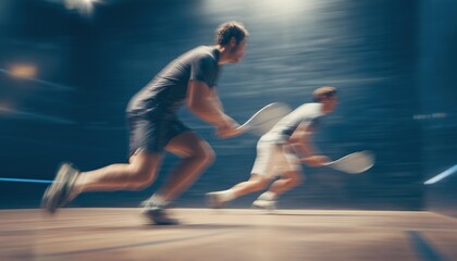 Fototapeta premium Squash Players Engaged In A Match On The Court, Captured In Motion Blur And Toned For Dramatic Effect