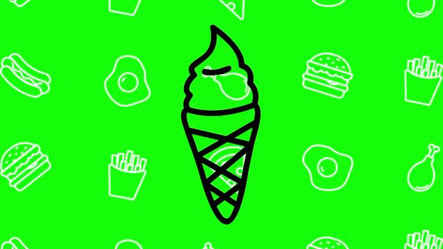 Ice cream cone drawing sketch animated cartoon vector with foodie icon background on green screen. Dessert idea, gelato, freshness symbol. Popup animation template design element