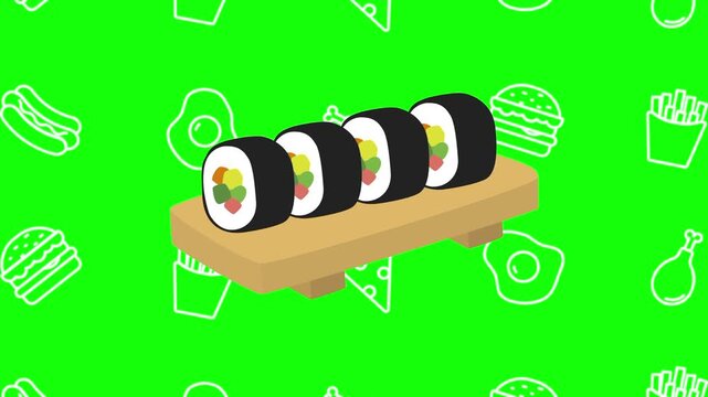 Sushi roll animated cartoon vector with foodie icon background on green screen. Japanese food idea, traditional, healthy meal symbol. Popup animation template design element